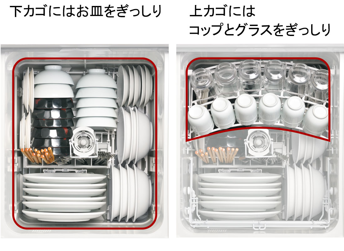 下カゴにはお皿をぎっしり 上カゴにはコップとグラスをぎっしり